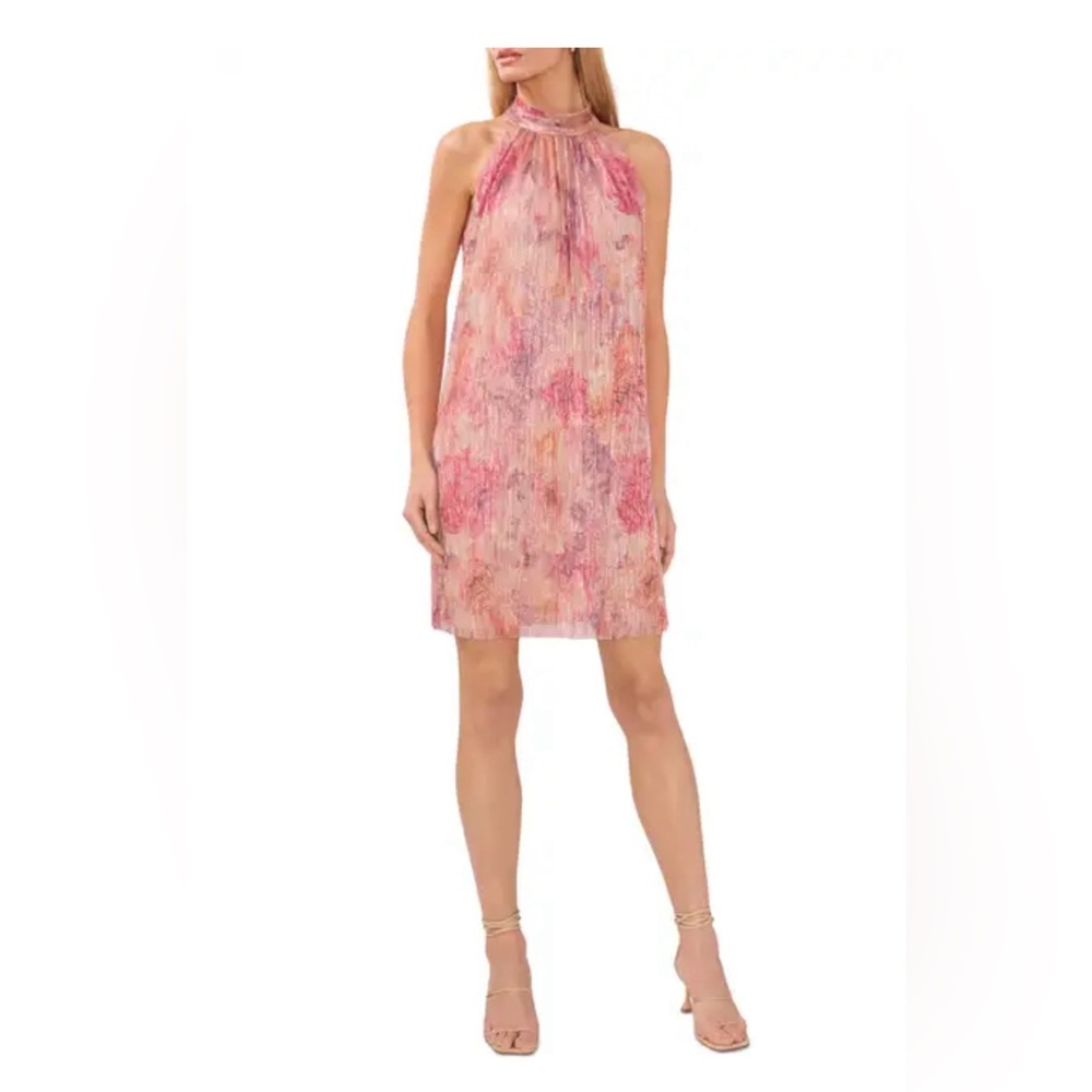Halogen, Metallic Sleeveless Halter Neck Shift Dress.